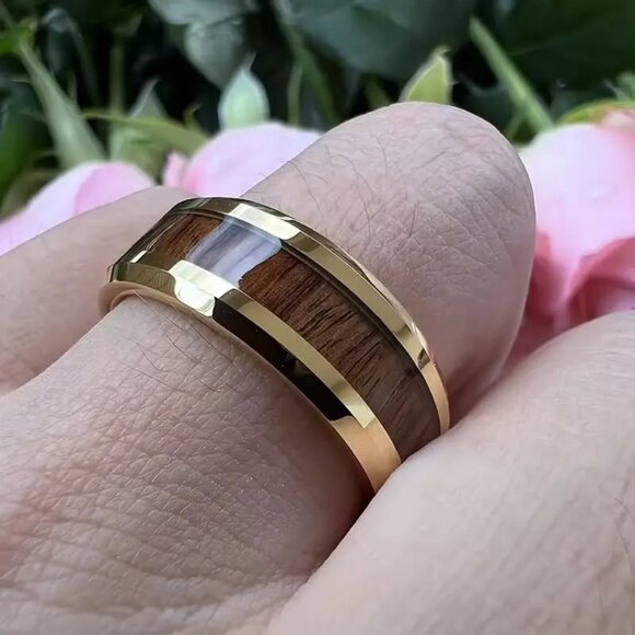 Set of 6 Modern Wood & Stone Inlaid Titanium Steel Ring - Simple Style, Size 9. - Picture 4 of 6